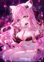 1girl absurdres animal_ear_fluff animal_ears bikini black_bikini black_choker breasts cat_ears cat_girl cat_tail choker cleavage curvy grey_nails hair_between_eyes hand_up highres large_breasts long_hair long_sleeves mole mole_under_mouth nail_polish navel original parted_lips pink_hair plump puffy_long_sleeves puffy_sleeves purple_eyes side-tie_bikini_bottom sitting sleeves_past_wrists smile solo swimsuit tail tandohark teeth thighs upper_teeth_only very_long_hair