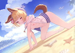 Rule 34 | 1girl, 2girls, all fours, animal ears, beach, beret, blonde hair, blue sky, blush, braid, breasts, day, dog ears, dog tail, erune, flower, granblue fantasy, hair flower, hair ornament, hat, hibiscus, highres, jacket, looking at viewer, multiple girls, navel, nipples, outdoors, palm tree, red eyes, red flower, short hair, sky, small breasts, smile, tail, tree, vajra (granblue fantasy), vikala (granblue fantasy), water, white headwear, white jacket, yellowpaint.