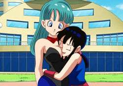 Rule 34 | 2girls, aqua hair, bare arms, bare shoulders, black hair, black leotard, blue eyes, breasts, bulma, chi-chi (dragon ball), cleavage, closed eyes, closed mouth, dicasty, dragon ball, dragonball z, face between breasts, female focus, grin, head between breasts, highres, hug, leotard, lipstick, long hair, makeup, mature female, multiple girls, neck, outdoors, parted lips, playboy bunny, sleeveless, smile, standing, strapless, strapless leotard, yuri