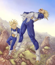 Rule 34 | 2boys, alien, arched back, blonde hair, boa hancock, dragon ball, dragonball z, family, father and son, gloves, green eyes, hand on own hip, highres, hip focus, katsutake, laughing, male focus, mountain, multiple boys, muscular, one piece, outdoors, parody, spiked hair, super saiyan, super saiyan 1, sweatdrop, trunks (dragon ball), trunks (future) (dragon ball), vegeta