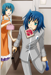 Rule 34 | 10s, 1boy, 1girl, ahoge, apron, bag, blouse, blue eyes, blue hair, blush, bread slice, cardfight!! vanguard, food, food in mouth, highres, housewife, long hair, lunchbox, mature female, mother and son, mouth hold, open mouth, ponytail, school bag, school uniform, sendou aichi, sendou shizuka, shirt, skirt, sweat, toast, toast in mouth, tsunoda uei
