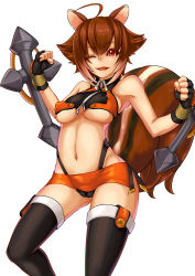 Rule 34 | 1girl, ahoge, animal ears, arc system works, bare shoulders, blazblue, blazblue: continuum shift, breasts, brown hair, cameltoe, crop top, dual wielding, covered erect nipples, fingerless gloves, gloves, holding, lowleg, makoto nanaya, marubonman, midriff, navel, no bra, one eye closed, open mouth, orange skirt, red eyes, revealing clothes, short hair, skirt, solo, squirrel ears, squirrel tail, tail, thighhighs, tonfa, underboob, weapon, white background, wink, zipper
