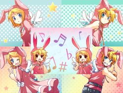 Rule 34 | 1boy, 1girl, angel wings, animal ears, artist request, bad id, bad pixiv id, blonde hair, blue eyes, blush, brother and sister, rabbit ears, dress, happy, hood, kagamine len, kagamine rin, kousetsu, music, musical note, one eye closed, open mouth, siblings, smile, star (symbol), twins, vocaloid, wings, wink