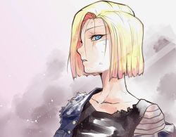 Rule 34 | 1girl, android 18, bad id, bad pixiv id, blonde hair, blue eyes, dragon ball, dragonball z, gradient background, md5 mismatch, parted lips, rozario (akai rosario), short hair, solo, upper body