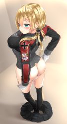 Rule 34 | 10s, 1girl, anchor hair ornament, aqua eyes, ass, black ribbon, black skirt, blonde hair, blue eyes, blush, breasts, butt crack, cross, gloves, hair ornament, highres, iron cross, kantai collection, large breasts, long hair, low twintails, military, military uniform, mooning, oekakizuki, panties, panty pull, prinz eugen (kancolle), ribbon, shiny skin, skirt, smile, solo, thighhighs, twintails, underwear, undressing, uniform, white gloves, white panties