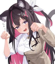 Rule 34 | 1girl, ai (u e o o), animal ear fluff, animal ears, azki (4th costume) (hololive), azki (hololive), black hair, blush, breasts, cat ears, cat girl, cat tail, colored inner hair, dress, fang, hair between eyes, hair intakes, hair ornament, hairclip, hands up, highres, hololive, large breasts, long hair, looking at viewer, multicolored hair, official alternate costume, open mouth, pink hair, purple eyes, simple background, skin fang, smile, solo, streaked hair, tail, upper body, virtual youtuber, white background, white dress, white hair