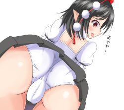 Rule 34 | 1girl, absurdres, artist request, ass, black hair, blush, cameltoe, from behind, from below, hat, highres, looking at viewer, looking back, looking down, open mouth, panties, pointy ears, red eyes, shameimaru aya, shiny skin, skirt, smile, solo, tokin hat, touhou, translation request, underwear, upskirt