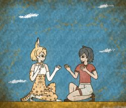 Rule 34 | 10s, 2girls, animal ears, backpack, bag, bare shoulders, black eyes, black hair, blonde hair, blue background, bow, bowtie, brown footwear, closed mouth, commentary request, crack, egyptian art, elbow gloves, from side, full body, gloves, high-waist skirt, highres, kaban (kemono friends), kemono friends, kita (7kita), multiple girls, no gloves, no headwear, no headwear, no legwear, on one knee, profile, red shirt, serval (kemono friends), serval print, serval tail, shirt, shoes, short hair, short sleeves, shorts, skirt, sleeveless, sleeveless shirt, striped tail, tail, thighhighs, white footwear, white shirt, white shorts