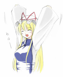 Rule 34 | 1girl, :d, ^ ^, arms up, blonde hair, blush, closed eyes, female focus, hat, hat ribbon, long sleeves, mob cap, open mouth, red ribbon, ribbon, seo tatsuya, simple background, sleeves past wrists, smile, solo, tabard, touhou, upper body, white background, yakumo yukari
