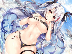 Rule 34 | 1girl, anchor, azur lane, bikini, black bikini, black ribbon, blue innertube, blue sky, bow, breasts, brown eyes, cloud, covered erect nipples, day, dutch angle, fujima takuya, hair bow, hair ribbon, hand on own chest, hands up, innertube, large breasts, long hair, looking at viewer, lying, navel, on back, outdoors, parted bangs, partially submerged, prinz eugen (azur lane), red hair, ribbon, silver hair, sky, smile, solo, stomach, summer, swim ring, swimsuit, thigh strap, twitter username, two side up, underboob, untied bikini, very long hair, water, wavy hair