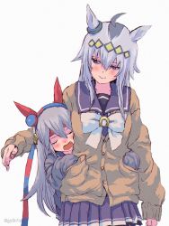 Rule 34 | 2girls, animal ears, blush, cardigan, closed eyes, closed mouth, fang, grey background, grey hair, hairband, hand in another&#039;s pocket, hands in pockets, headband, highres, horse ears, kanjin (gy0n1s0), long sleeves, looking at another, looking down, multicolored hair, multiple girls, oguri cap (umamusume), open mouth, purple skirt, sailor collar, skirt, smile, tamamo cross (umamusume), twitter username, umamusume, upper body, watermark