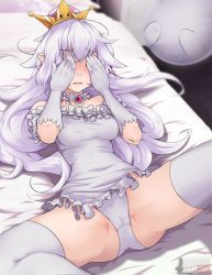 Rule 34 | 1girl, 1other, animeflux, bad id, bad twitter id, bare shoulders, bed, blush, boo (mario), breasts, brooch, commentary, covering face, crown, dress, earrings, english commentary, floating, from above, ghost, gloves, indoors, jewelry, light purple hair, long hair, luigi&#039;s mansion, lying, mario (series), medium breasts, nintendo, on back, on bed, open mouth, panties, pantyshot, pointy ears, princess king boo, solo, spread legs, strapless, strapless dress, super crown, thighhighs, underwear, watermark, web address, white background, white dress, white gloves, white panties