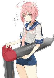 Rule 34 | 10s, 1girl, ahoge, bad id, bad twitter id, blue one-piece swimsuit, hair ornament, i-58 (kancolle), kantai collection, miruto netsuki, one-piece swimsuit, pink eyes, pink hair, sailor collar, school swimsuit, short hair, simple background, solo, sweatdrop, swimsuit, torpedo, type 95 torpedo, white background