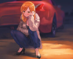 Rule 34 | 1girl, black footwear, black shirt, blue pants, blush, breasts, car, cleavage, closed mouth, coat, commentary request, full body, fur coat, hand on own cheek, hand on own face, high heels, long hair, long sleeves, looking at viewer, medium breasts, momo hiki, motor vehicle, nissan, nissan 370z, nissan fairlady z, orange eyes, orange hair, original, outdoors, pants, shirt, solo, sports car, squatting, white coat