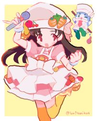 Rule 34 | 1girl, :d, absurdres, arm up, bell pepper, blush, bow, brown hair, carrot, chef hat, cherry, commentary request, cooking idol ai! mai! main!, dress, food, fruit, green footwear, hand up, hat, highres, hiiragi mine, holding, holding microphone, long hair, looking at another, microphone, misanga (cooking idol ai! mai! main!), noniha, open mouth, pepper, pink dress, puffy short sleeves, puffy sleeves, red eyes, short sleeves, smile, standing, strawberry, thighhighs, white bow, white headwear, wrist cuffs, yellow background, yellow thighhighs
