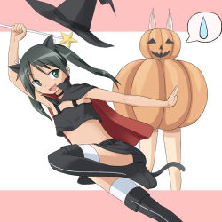 Rule 34 | 2girls, animal ears, bad id, bad pixiv id, black hair, black skirt, boko (maniacpurple), boots, cape, cat ears, cat tail, charlotte e. yeager, choker, fang, flat chest, francesca lucchini, green eyes, hair ribbon, halloween, hat, highres, jack-o&#039;-lantern, komakedara, leg lift, leg up, long hair, midriff, miniskirt, multiple girls, open mouth, pumpkin, rabbit ears, rabbit girl, ribbon, skirt, smile, strike witches, sweatdrop, tail, thigh boots, thighhighs, twintails, wand, witch hat, world witches series