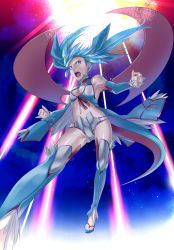Rule 34 | 1girl, aqua eyes, aqua hair, artist request, breasts, cleavage cutout, clothing cutout, creatures (company), game freak, gen 3 pokemon, highres, midriff, nintendo, personification, pokemon, ruuto (sorufu), salamence, small breasts, solo, thighhighs, twintails, wings
