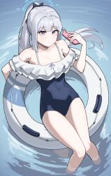Rule 34 | 1girl, bare legs, blue archive, blush, byungttal, cellphone, grey hair, halo, looking at viewer, miyako (blue archive), ocean, phone, ponytail, purple eyes, smartphone, solo, water