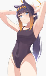 Rule 34 | 1girl, absurdres, adjusting hair, armpits, arms up, blue eyes, blue hair, competition swimsuit, diamond hair ornament, food-themed hair ornament, hair ornament, halo, highleg, highleg swimsuit, highres, hololive, hololive english, ku roiko, long hair, looking at viewer, multicolored hair, ninomae ina&#039;nis, one-piece swimsuit, orange hair ornament, pointy ears, ponytail, purple hair, school swimsuit, simple background, solo, standing, swimsuit, tentacle hair, virtual youtuber, white background
