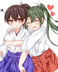 Rule 34 | 10s, 2girls, blue skirt, blush, grabbing another&#039;s breast, breasts, brown eyes, brown hair, closed eyes, grabbing, green hair, hair between eyes, hair ribbon, hakama, hakama short skirt, hakama skirt, hand on another&#039;s shoulder, hand on breast, heart, highres, hug, japanese clothes, kaga (kancolle), kantai collection, long hair, looking at viewer, multiple girls, pikacchi, red skirt, ribbon, side ponytail, simple background, skirt, smile, tasuki, twintails, white background, white ribbon, zuikaku (kancolle)