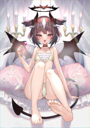 Rule 34 | 1girl, :d, ass, barefoot, bikini, blush, brown eyes, brown hair, candy, choker, demon tail, demon wings, fangs, food, halo, highres, hitowa, lollipop, looking at viewer, open mouth, original, short hair, sitting, smile, solo, swimsuit, tail, tattoo, two side up, white hair, wings
