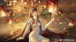 Rule 34 | 1girl, animal ears, braid, brown hair, building, douluo dalu, dress, eye mask, hair ornament, hehe shang, highres, lantern, long hair, looking to the side, night, orange sky, parted lips, pink dress, rabbit ears, second-party source, sitting, sky, solo, teeth, tree, upper body, water, xiao wu (douluo dalu)