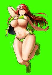 Rule 34 | 1girl, arm up, bikini, blue eyes, blush, braid, breasts, closed mouth, eyes visible through hair, floating breasts, floating hair, full body, green background, green footwear, green vest, hair between eyes, highres, hong meiling, koyubi (littlefinger1988), large breasts, long hair, looking at viewer, open clothes, open vest, red eyes, red hair, scar, side braids, simple background, smile, solo, star (symbol), swimsuit, thighs, touhou, twin braids, underboob, very long hair, vest