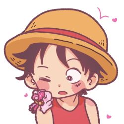 Rule 34 | 0h my god, 1boy, 1girl, black hair, blush, chibi, closed eyes, commentary request, hat, headphones, heart, looking at another, monkey d. luffy, one eye closed, one piece, red shirt, scar, scar on face, shirt, short hair, simple background, straw hat, twintails, upper body, uta (one piece), white background