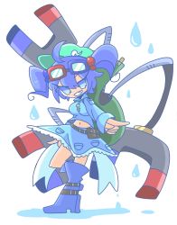 Rule 34 | 1girl, backpack, bag, belly, belt, blue eyes, blue hair, boots, breasts, dress, extra arms, frilled skirt, frills, full body, goggles, goggles on head, grin, hair bobbles, hair ornament, hat, highres, kawashiro nitori, key, long sleeves, looking at viewer, magnet, matching hair/eyes, midriff, navel, op na yarou, open mouth, pocket, ribbon, rubber boots, shirt, short hair, skirt, skirt set, smile, solo, tool belt, touhou, twintails, two side up, water, water drop
