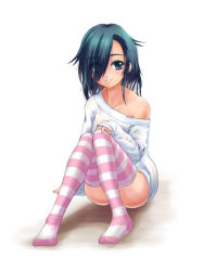 Rule 34 | 1girl, hair over one eye, legs, off shoulder, pinky out, sitting, smile, solo, striped clothes, striped thighhighs, the ring, thighhighs, yamamura sadako