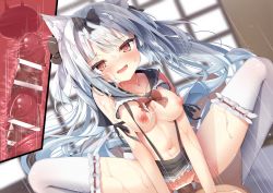 Rule 34 | 1boy, 1girl, animal ear fluff, azur lane, bar censor, black bow, blurry, blurry background, blush, bow, breasts, censored, cross-section, cum, cum on body, cum on breasts, cum on upper body, facial, hair bow, hetero, highres, large breasts, long hair, looking at viewer, madotsukumo, motion blur, navel, nipples, open mouth, oppai loli, penis, pov, red eyes, sex, silver hair, smile, solo focus, squatting cowgirl position, sweat, thighhighs, vaginal, white thighhighs, yukikaze (azur lane)