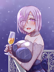 Rule 34 | 1girl, black dress, breasts, dress, eyes visible through hair, fate/grand order, fate (series), glass, hair over one eye, large breasts, looking at viewer, mash kyrielight, mash kyrielight (chaldea dinnertime), official alternate costume, purple eyes, purple hair, short hair, smile, solo, yakisobapan tarou &amp; negitoro-ko