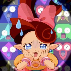 Rule 34 | 1girl, :o, blue eyes, bow, brown hair, earrings, fairy, flower, flower brooch, hair bow, hands on own cheeks, hands on own face, highres, huge bow, jewelry, lip (panel de pon), long hair, open mouth, panel de pon, pink bow, pink bracelet, pointy ears, ponytail, squeezing cheeks, suruga kanade, sweatdrop, tearing up