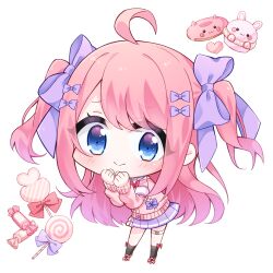 Rule 34 | 1girl, ahoge, black socks, blue eyes, bow, candy, cardigan, chibi, chibi only, clenched hands, food, full body, hair bow, heart, heart-shaped lollipop, lollipop, long hair, macaron, multiple hair bows, original, pink cardigan, pink hair, pleated skirt, purple skirt, serurosu, shaped lollipop, skirt, smile, socks, solo, swirl lollipop, two side up, wrapped candy