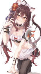 Rule 34 | 1girl, absurdres, alternate costume, animal ear fluff, animal ears, apron, black nails, black thighhighs, boo tao (genshin impact), bow, breasts, brown hair, cat ears, cat tail, closed mouth, enmaided, flower, flower-shaped pupils, genshin impact, ghost, hair between eyes, hair flower, hair ornament, highres, hu tao (genshin impact), jewelry, long hair, looking at viewer, maid, maid apron, maid headdress, mame (hyeon5117), multiple rings, red bow, ring, short sleeves, simple background, small breasts, solo, symbol-shaped pupils, tail, thighhighs, tongue, tongue out, twintails, white background