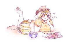 Rule 34 | 1girl, animal ears, barefoot, blush, bowl, breasts, cabbie hat, dango, eating, fat, fat rolls, floppy ears, food, hat, large breasts, lying, magazine (object), mg mg, on stomach, orz (kagewaka), plump, rabbit ears, rabbit tail, reading, ringo (touhou), shirt, shorts, soles, solo, tail, thick eyebrows, touhou, wagashi