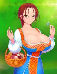 Rule 34 | 1girl, akiranime, animated, animated gif, basket, blue dress, bouncing breasts, bow, braid, braiding hair, breasts, brown hair, bursting breasts, cleavage, collarbone, dress, fingernails, flower, forest, grass, green eyes, hair bow, hairdressing, hands up, holding, holding flower, huge breasts, large breasts, light particles, light rays, long hair, long sleeves, looking at viewer, marusya (akiranime), mushroom, nature, original, outdoors, ponytail, red hair, ribbon, single braid, smile, solo, tree, tree shade, very long hair