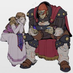 Rule 34 | 1boy, 1girl, arm support, armor, blue eyes, boots, brown hair, cape, circlet, closed mouth, colored skin, dark-skinned male, dark skin, elbow gloves, expressionless, full body, ganondorf, gloves, green skin, hair slicked back, head rest, highres, invisible chair, knee pads, lips, long hair, long skirt, looking down, muscular, muscular male, nintendo, nintendo switch, oimo (oimkimn), pink shirt, playing games, pointy ears, princess zelda, red cape, red hair, shirt, short hair, shoulder armor, simple background, sitting, skirt, spread legs, sweatdrop, the legend of zelda, white gloves, white skirt
