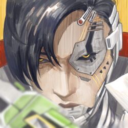 Rule 34 | 1boy, apex legends, biwon blade, black hair, black sclera, close-up, colored sclera, crypto (apex legends), cyborg, frown, grey jacket, jacket, looking at viewer, male focus, metcha (amonka3), official alternate costume, orange eyes, portrait, science fiction, solo, sword, weapon, whitelisted crypto