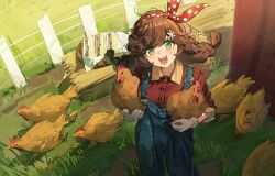 Rule 34 | 1girl, alternate costume, animal, bird, blue overalls, blush, braid, brown hair, bunny bunny (reverse:1999), chicken, collared shirt, commentary, fence, gloves, grass, green eyes, hat, unworn hat, unworn headwear, highres, holding, holding animal, looking at viewer, open mouth, outdoors, overalls, pg (pgouwoderen), polka dot hairband, red shirt, reverse:1999, shirt, sidelocks, sleeves rolled up, standing, straw hat, teeth, twin braids, upper teeth only, white gloves