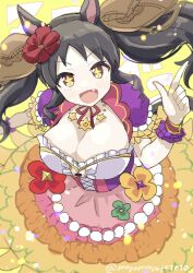 Rule 34 | + +, 1girl, :d, black hair, breasts, brown eyes, cleavage, dress, drill hair, drill sidelocks, fang, flower, hair flower, hair ornament, highres, horse girl, index finger raised, large breasts, looking at viewer, marvelous sunday (umamusume), neck ribbon, open mouth, red ribbon, ribbon, sangria (sangria69), sidelocks, smile, solo, twintails, twitter username, umamusume