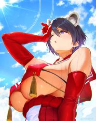 Rule 34 | 1girl, animal ears, black hair, blue archive, blue eyes, breasts, cat ears, cloud, collarbone, covered erect nipples, elbow gloves, gloves, hair between eyes, highres, huge breasts, large breasts, nontraditional miko, outdoors, parted lips, red gloves, revealing clothes, ritaoji69, sailor collar, short hair, sideboob, solo, sunlight, sweat, tsubaki (blue archive), underbust
