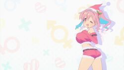 Rule 34 | 1girl, animated, anime screenshot, ass, back, belt, black belt, blue hair, bouncing ass, bouncing breasts, breasts, christmas, collarbone, copyright name, crop top, elbow gloves, gloves, hand on own hip, hand on own chest, hat, highres, hozuki kaede, large breasts, looking at viewer, multicolored hair, one eye closed, onii-chan wa oshimai!, open mouth, pink eyes, pink hair, red gloves, red headwear, red shorts, santa hat, short shorts, shorts, sound, subtitled, tagme, thighs, video, wink