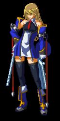 Rule 34 | animated, animated gif, arc system works, beret, blazblue, blonde hair, gun, hair down, hat, lowres, noel vermillion, official art, pixel art, thighhighs, uniform, weapon