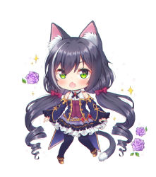Rule 34 | 1girl, animal ear fluff, animal ears, bad id, bad pixiv id, bare shoulders, black hair, black pantyhose, blue sleeves, blush, bow, brown footwear, cat ears, cat girl, cat tail, chestnut mouth, chibi, commentary request, detached sleeves, fang, flower, foreign blue, frilled skirt, frills, full body, green eyes, hair between eyes, hair bow, karyl (princess connect!), long hair, long sleeves, low twintails, multicolored hair, open mouth, pantyhose, princess connect!, purple flower, purple rose, purple skirt, red bow, rose, shirt, shoes, simple background, skirt, sleeveless, sleeveless shirt, sleeves past wrists, solo, sparkle, streaked hair, tail, twintails, very long hair, white background, white hair, white shirt