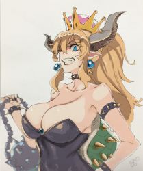 Rule 34 | 1girl, ;d, ball and chain (weapon), blonde hair, blue eyes, borrowed design, bowsette, bracelet, breasts, brooch, collar, collarbone, earrings, hair between eyes, hand on own hip, high ponytail, highres, horns, jewelry, large breasts, mario (series), meme50, nail polish, new super mario bros. u deluxe, nintendo, one eye closed, open mouth, signature, simple background, smile, solo, spiked ball and chain, spiked bracelet, spiked collar, spikes, strapless, super crown, turtle shell, upper body