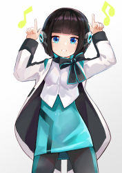 Rule 34 | 1girl, absurdres, arms up, beamed eighth notes, black hair, black pantyhose, blue dress, blue hair, blunt bangs, blush, commentary request, dress, eighth note, gradient background, grey background, grin, headgear, highres, humagear headphones, index finger raised, is (kamen rider 01), jacket, kamen rider, kamen rider 01 (series), kobi (piliheros2000), long sleeves, looking at viewer, multicolored hair, musical note, open clothes, open jacket, pantyhose, shirt, smile, solo, two-tone hair, white background, white jacket, white shirt