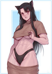 Rule 34 | 1girl, abs, absurdres, animal ears, black hair, black panties, breasts, brown shirt, brown skirt, cat ears, cat girl, clothes pull, commentary, commission, crop top, english commentary, facial mark, framed, groin, highleg, highleg panties, highres, large breasts, long hair, looking at viewer, muscular, muscular female, navel, original, panties, parted lips, pixiv commission, red eyes, shirt, signature, skirt, skirt pull, solo, speedl00ver, standing, stomach, sweat, sweatdrop, teeth, thick thighs, thighs, underboob, underwear