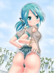 Rule 34 | 1girl, anger vein, animated, animated gif, aqua eyes, aqua hair, ass, bare shoulders, blush, breasts, denim, denim shorts, from behind, hair ribbon, hatsune miku, huge ass, jiggle, long hair, looking at viewer, looking back, low twintails, medium breasts, ribbon, shiny skin, short shorts, shorts, sideboob, solo, twintails, vocaloid, wide hips