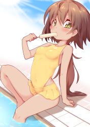 Rule 34 | 1girl, bare arms, bare legs, bare shoulders, breasts, brown hair, covered navel, eating, food, green eyes, highres, holding, holding food, knee up, long hair, looking at viewer, low ponytail, one-piece swimsuit, original, poolside, popsicle, reku, sitting, small breasts, solo, swimsuit, yellow one-piece swimsuit